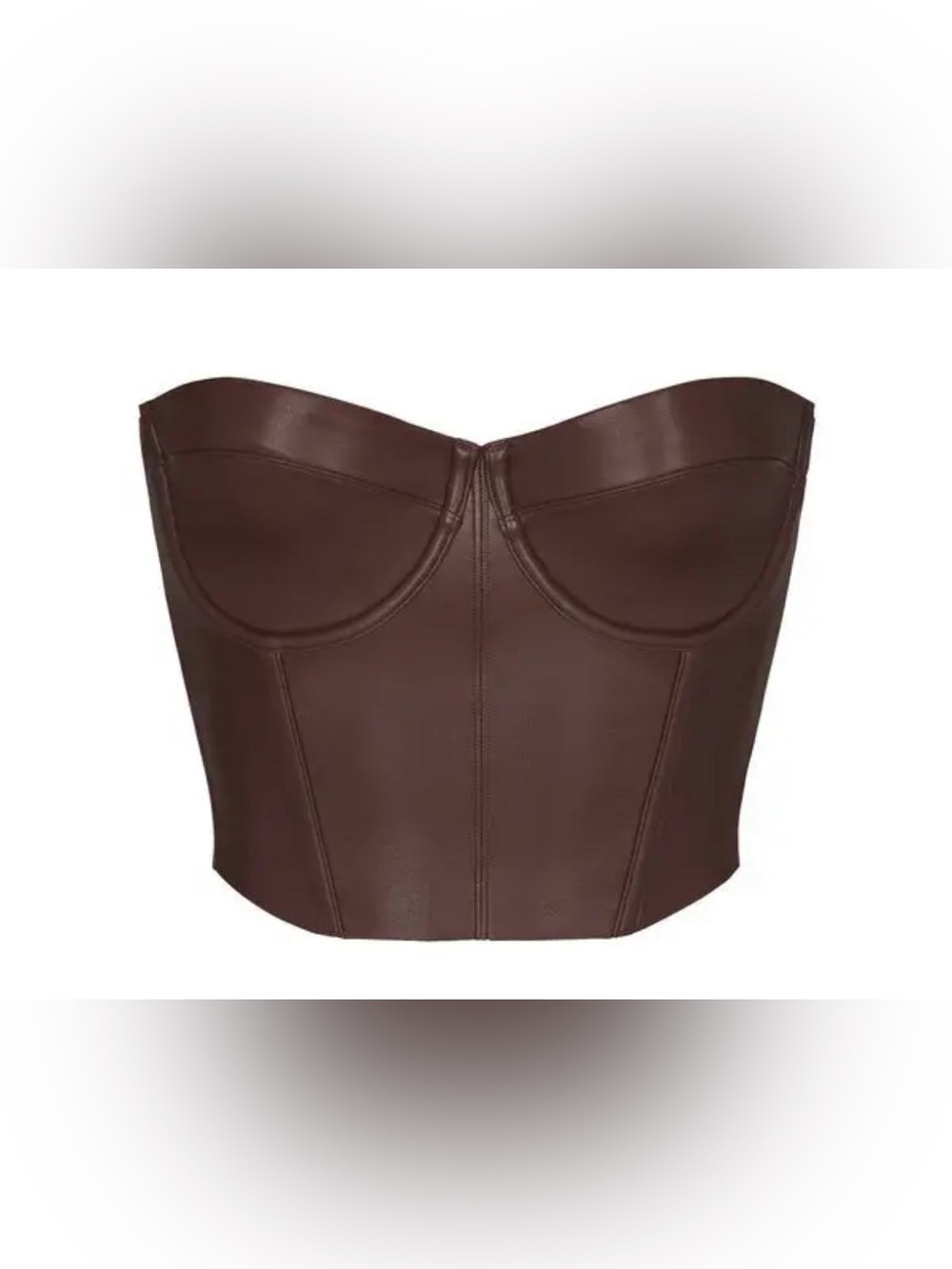 SKIMS Strapless Faux-Leather Corset Crop Top in Deep Brown - M
